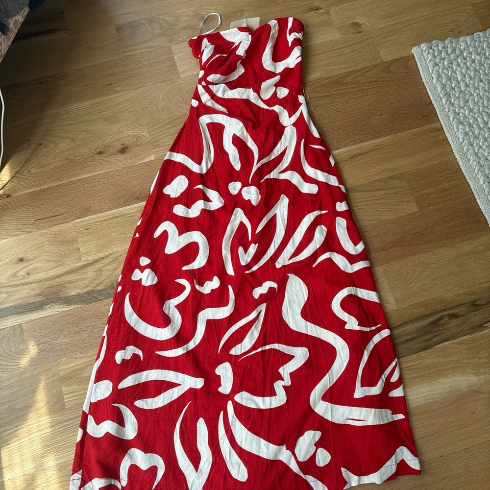 Strapless Red and White Printed Maxi Dress